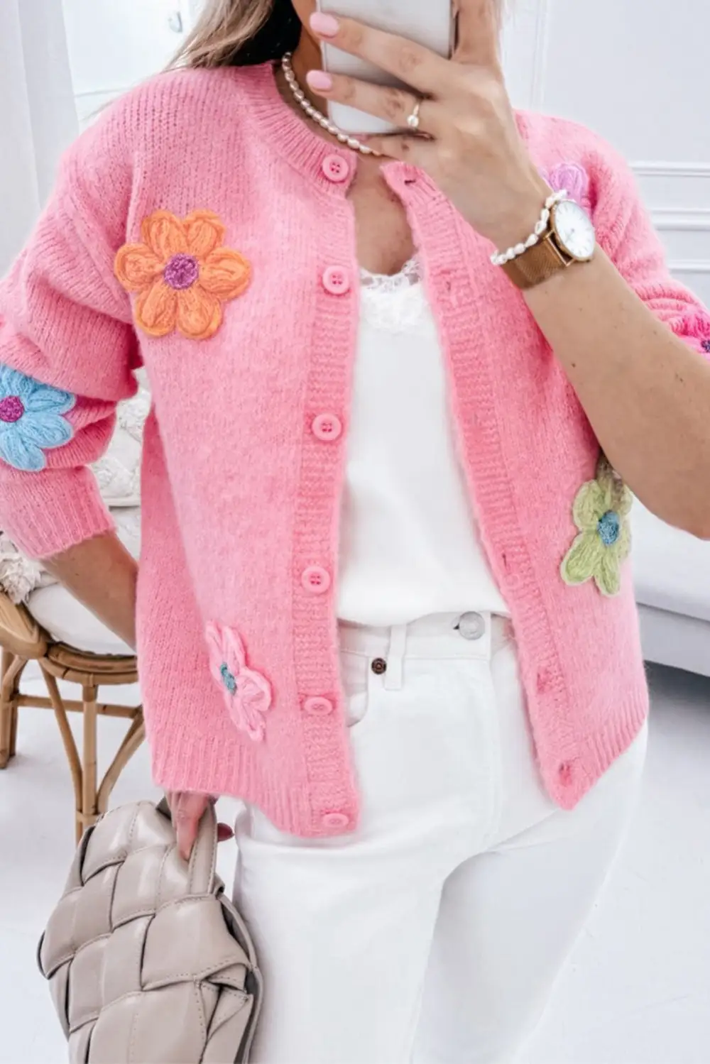 Cute Knit Floral Pattern Button Front Cardigan