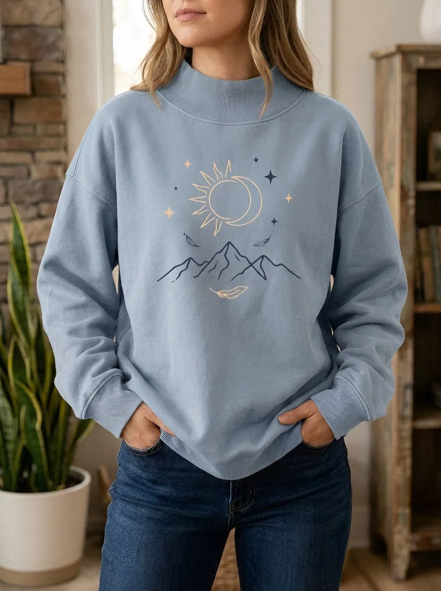 Women's Boho Celestial Mountain Sun Moon Feather Printed Sweatshirt