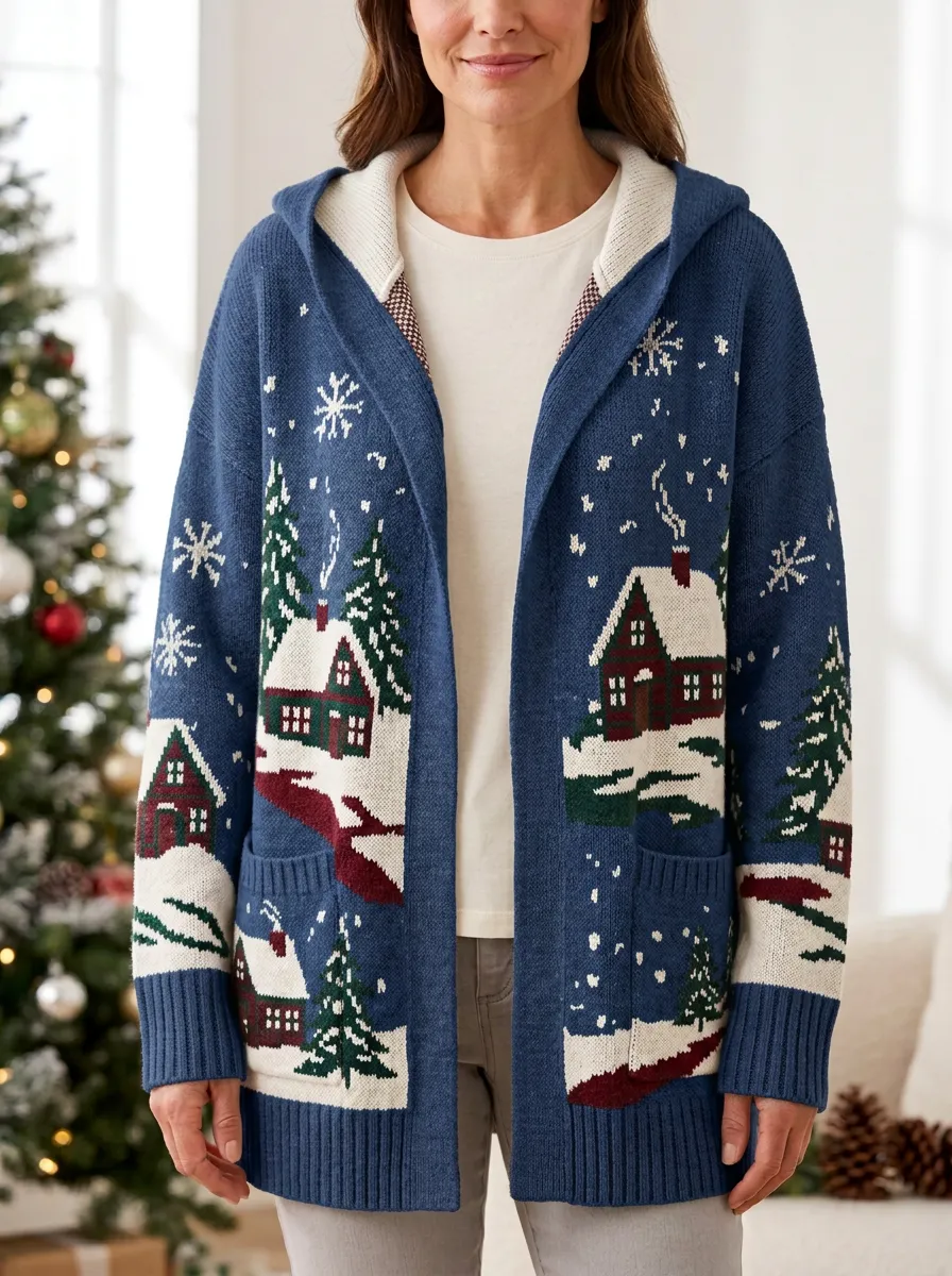 Christmas Winter Village Snow Pine Tree Print Hooded Cardigan