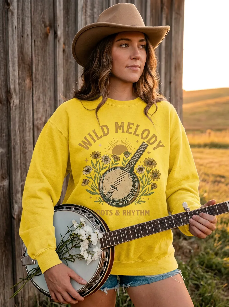 Rustic Banjo Floral Women's Country Music Crew Neck Sweatshirt