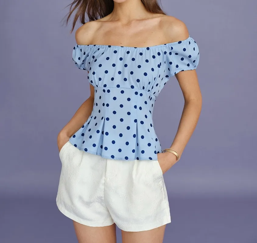 Blue U Neck Polka Dot Tee