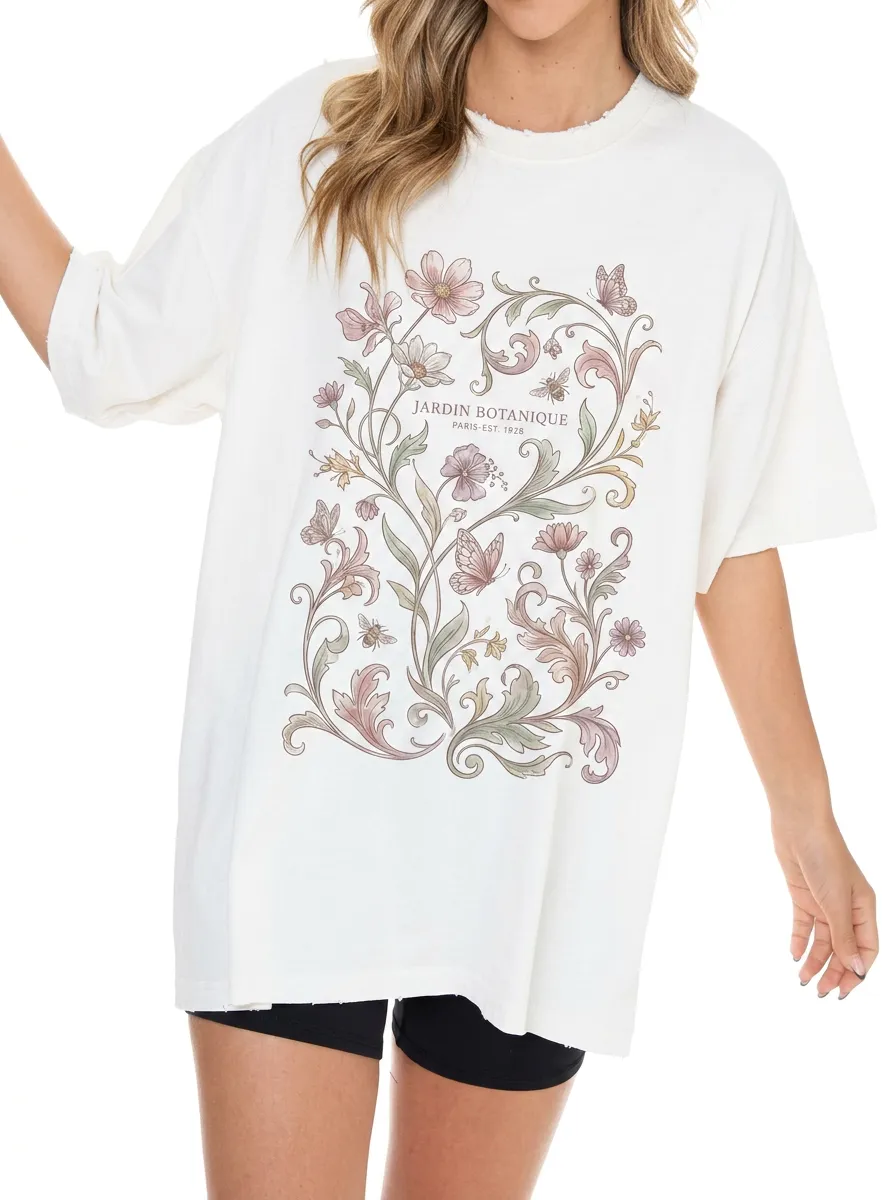 Women's Botanical Garden Butterfly Floral Printed T-shirt