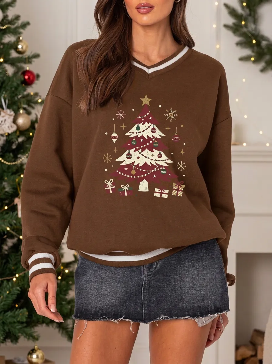 Christmas Tree Gift Box Graphic Print Sweatshirt