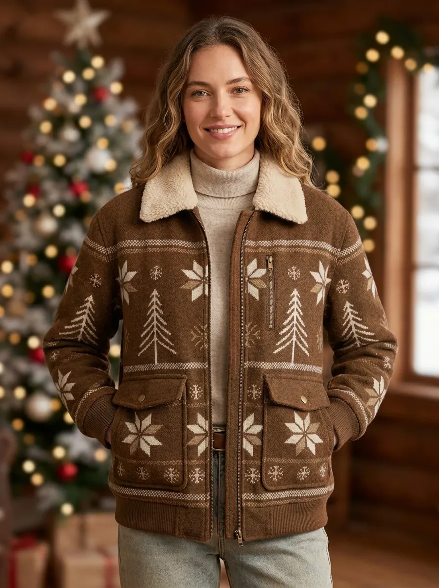Christmas Holiday Snowflake Tree Print Sherpa Collar Jacket