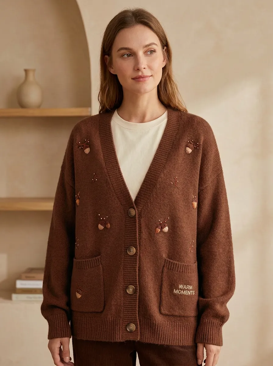 Nature-Inspired Acorn Pattern Embroidered Women's Knit Cardigan