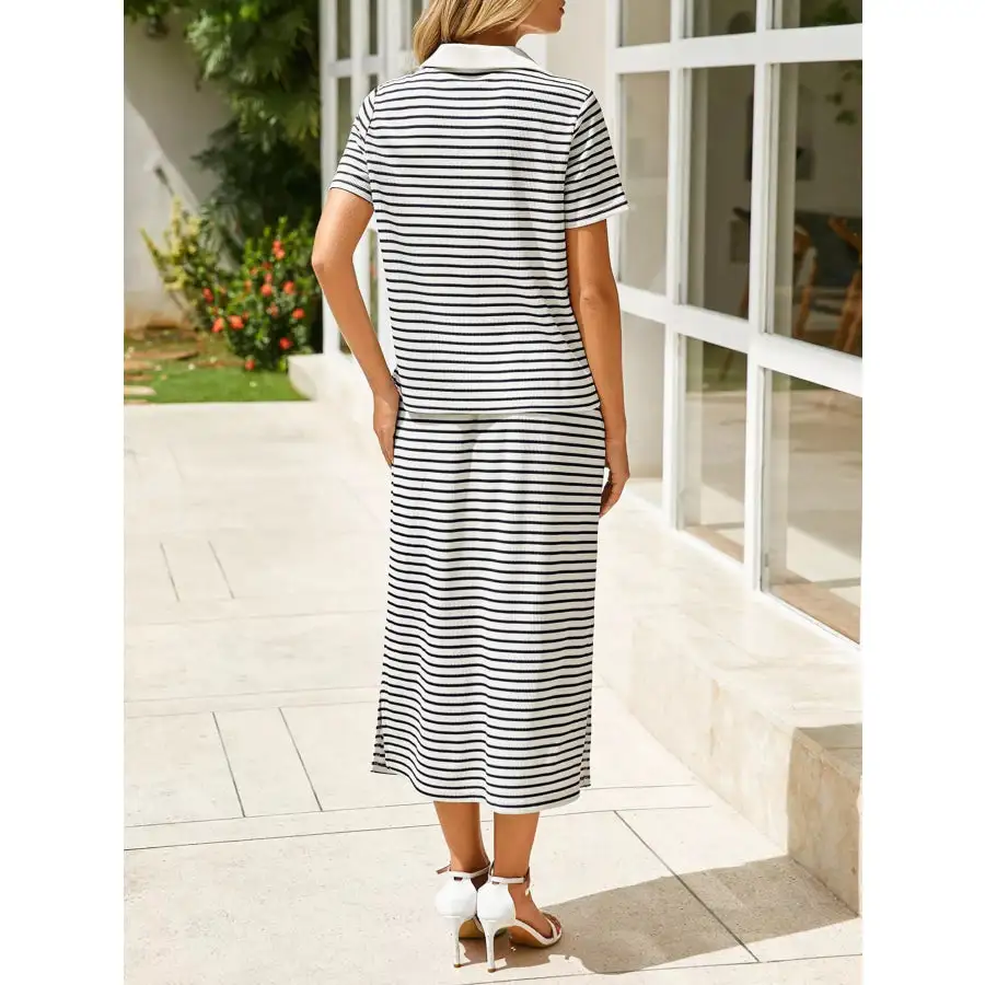 Modern Striped Polo Collar Top And Slit Skirt Two-Piece