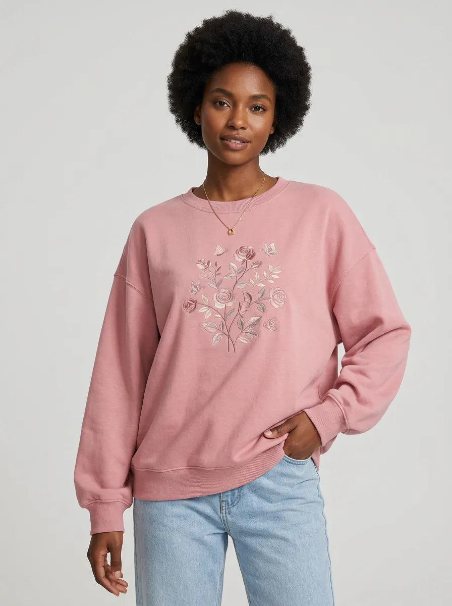 Women's Floral Rose Butterfly Embroidered Printed Sweatshirt