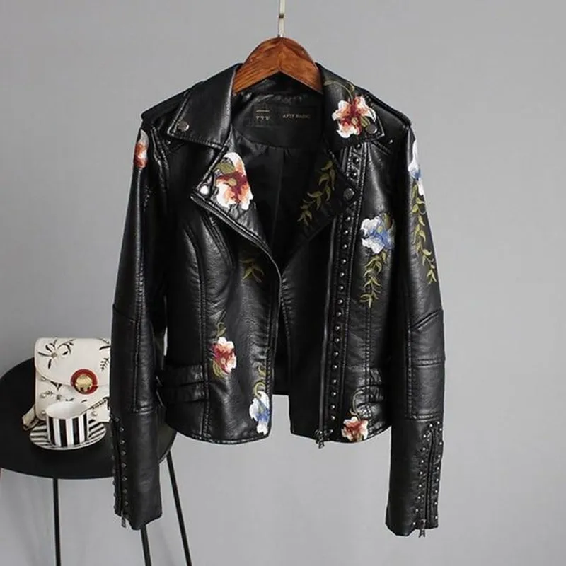 Floral Design Zip-Up Biker Jacket