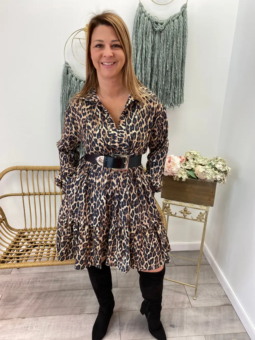 Babydoll Long-Sleeve Leopard-Print Casual Dress
