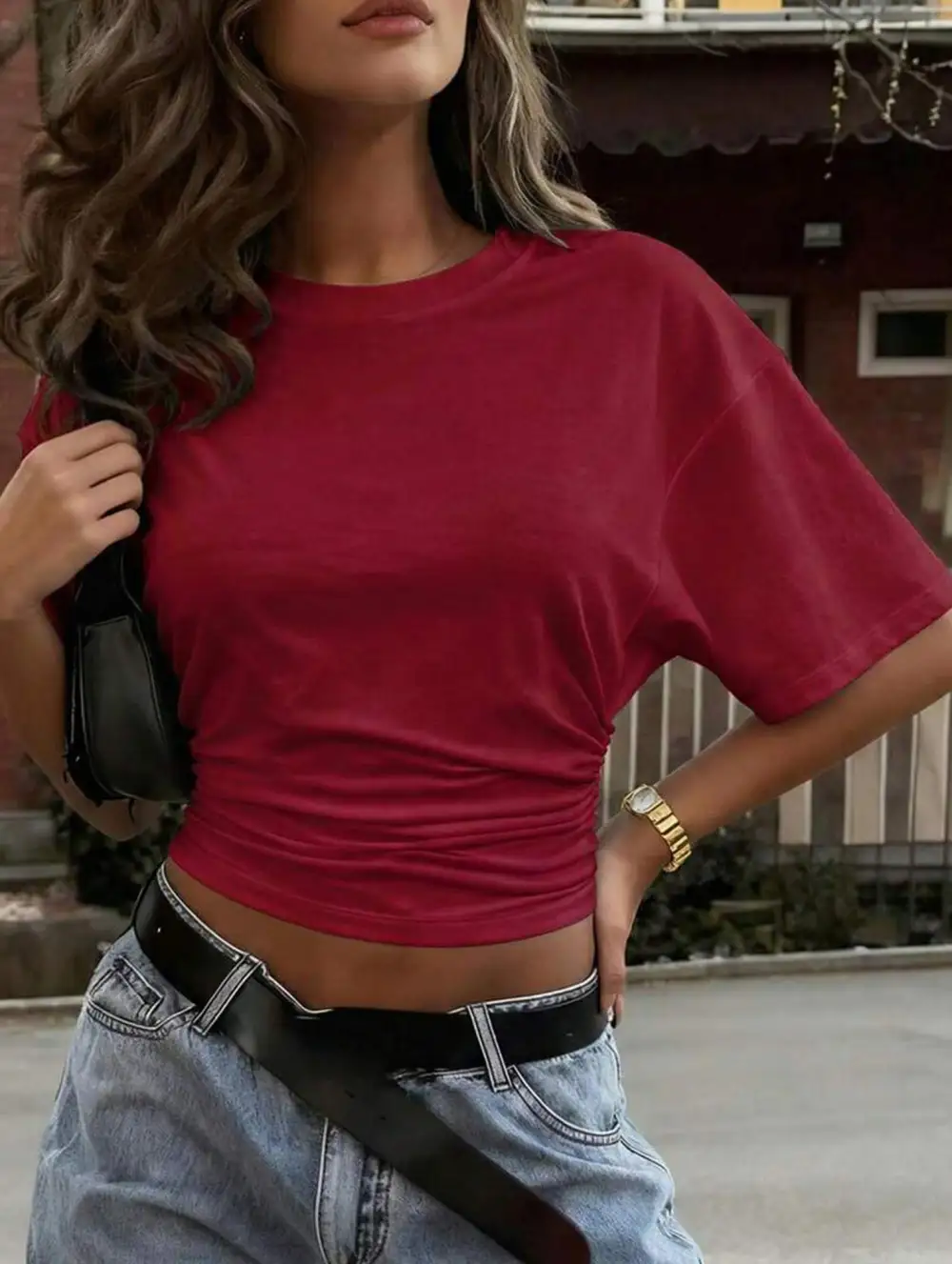 Ruched Waist Slim Short Sleeve Blouse