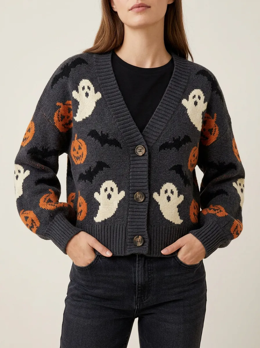 Women's Spooky Ghost Pumpkin Bat Halloween Knit Cardigan