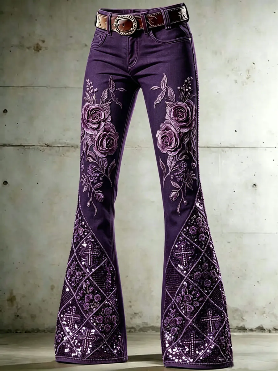 Women'S Flower Cross Patterned Flared Pants