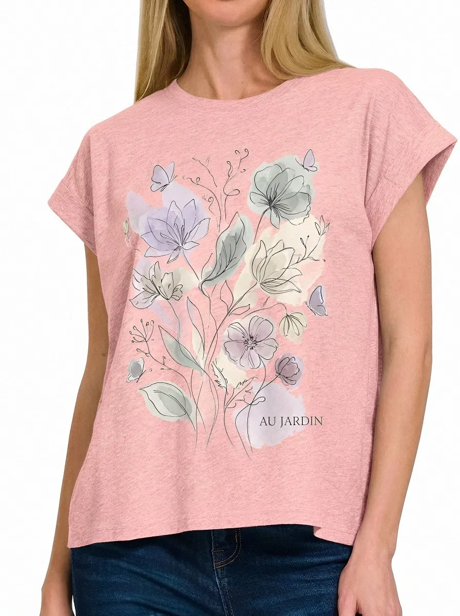 Women's Floral Garden Butterfly Au Jardin Printed T-shirt