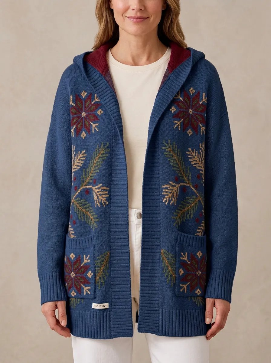 Christmas Snowflake Pine Branch Print Hooded Cardigan