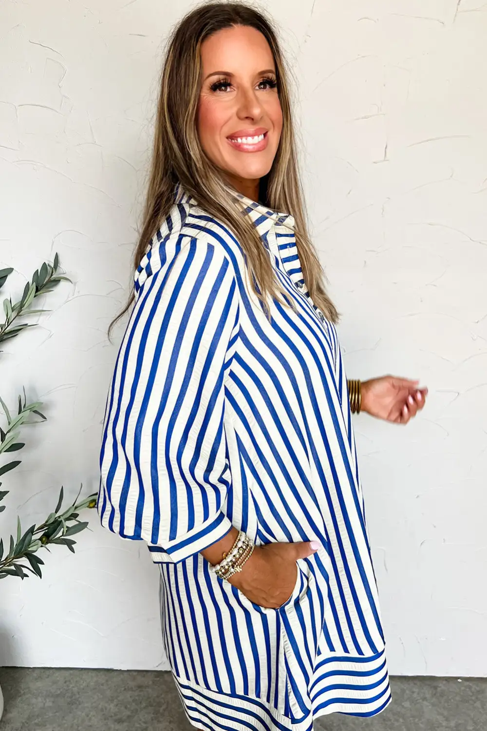Stripe Collared Half Button Side Pockets Loose Fit Mini Dress