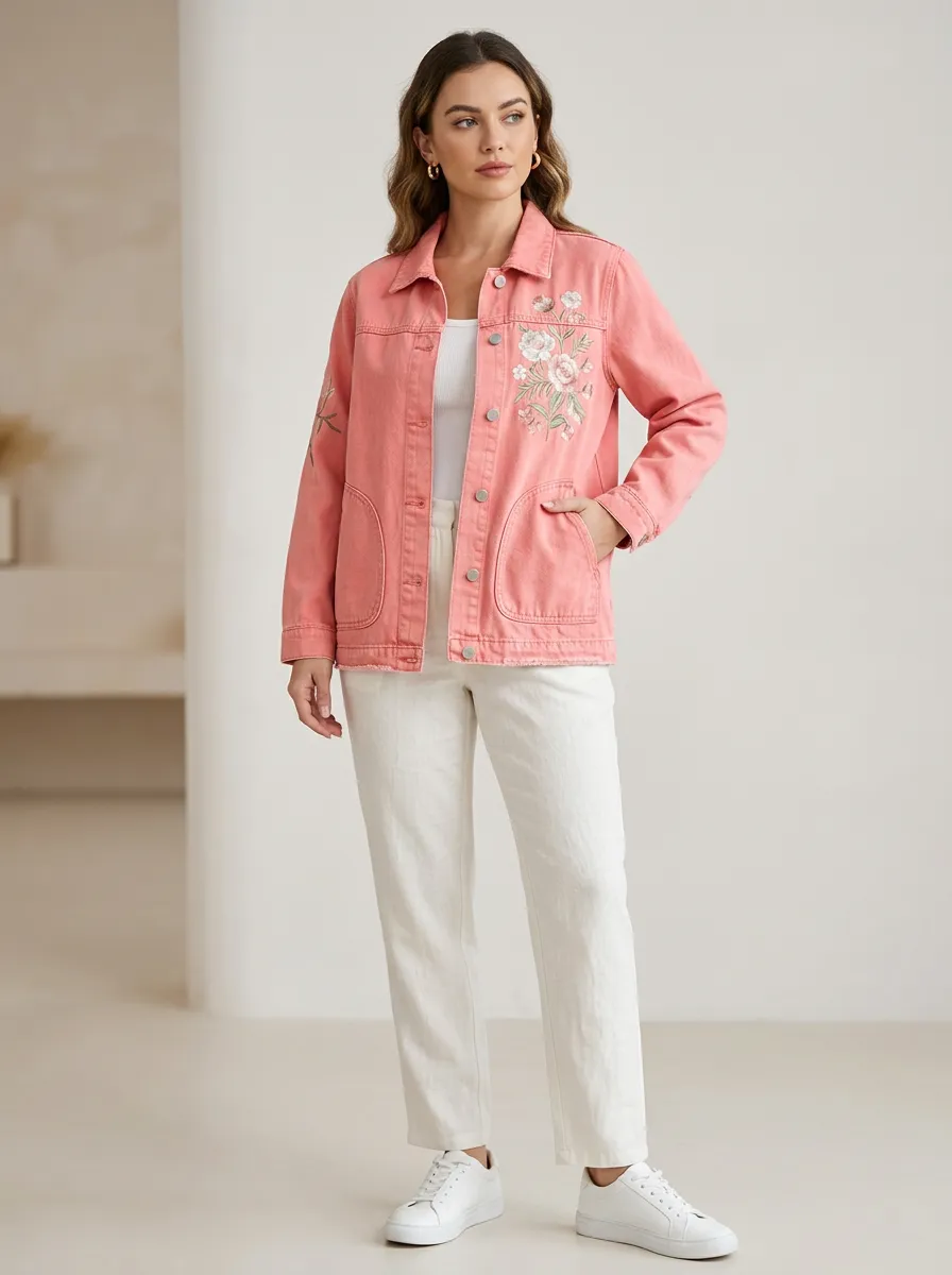 Women's Floral Lover Pink Embroidered Denim Printed Jacket