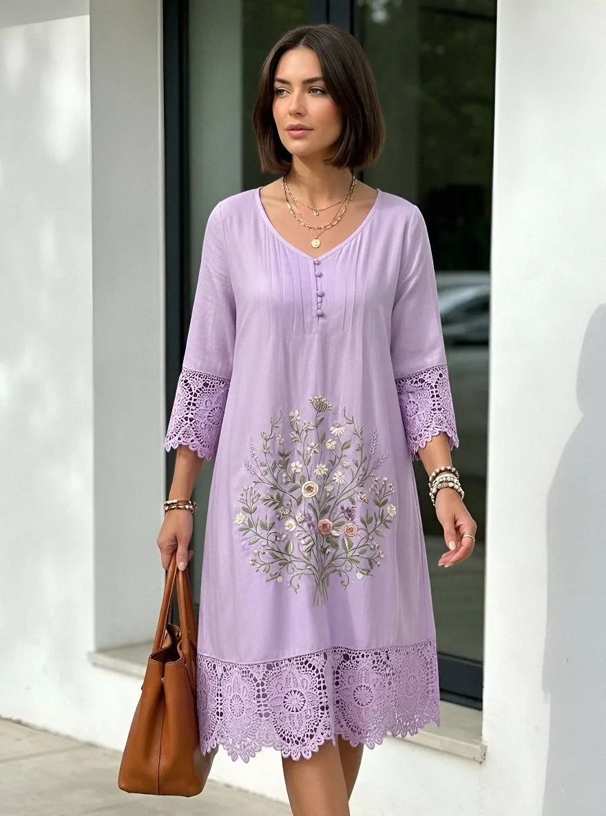 Women's Summer Vacation Floral Embroidery Lace Trim Printed Dress