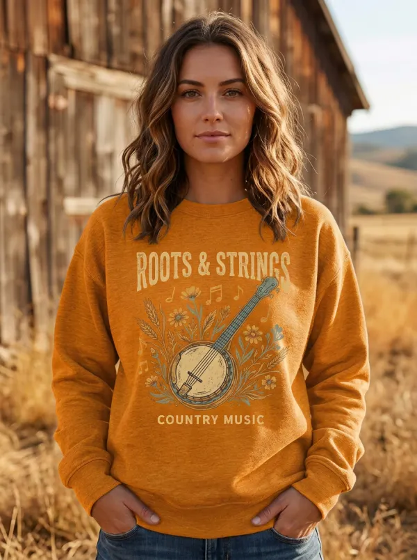 Banjo Floral Roots-Strings Country Music Crewneck Sweatshirt