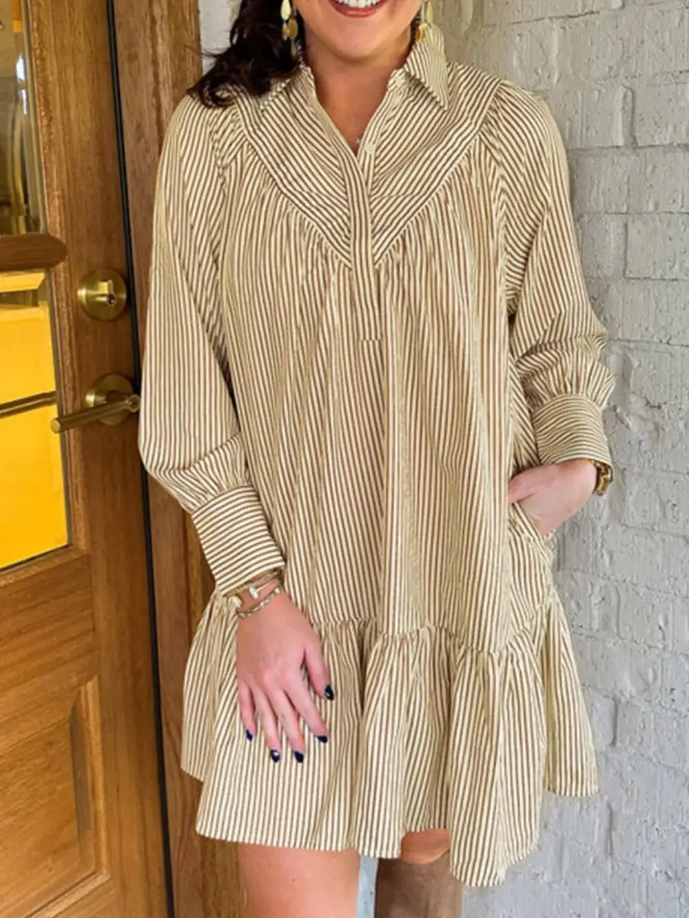 Striped Long Sleeve Collared Mini Dress