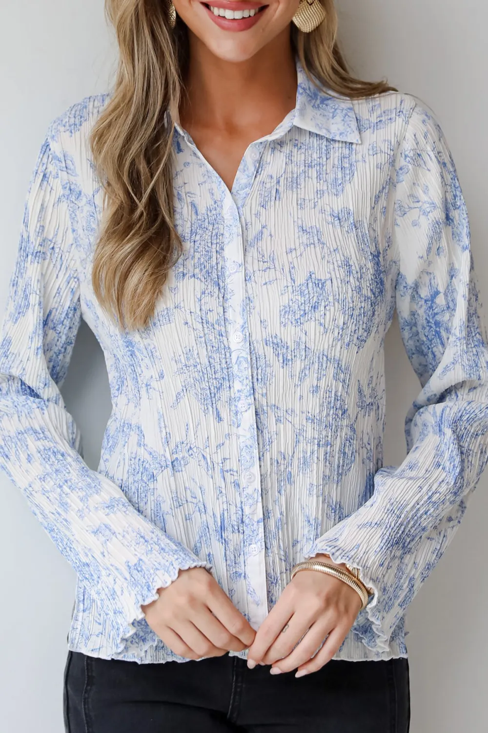 Blue Floral Plisse Button-Up Blouse