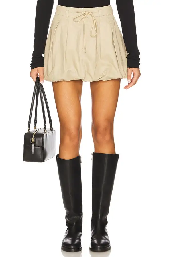 Women's Beige Drawstring Bubble Mini Skirt