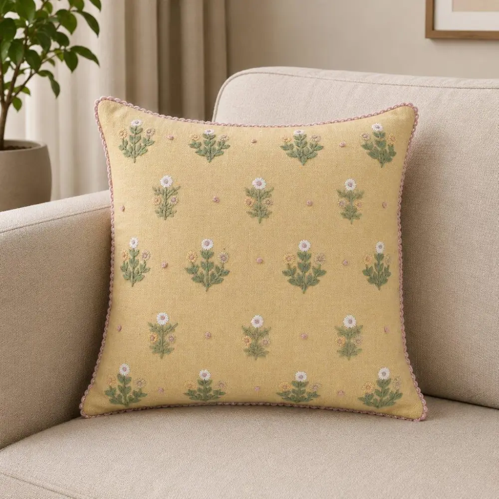 Artisan Surface Hand Embroidered Floral Botanical Cotton Decorative Cushion Cover