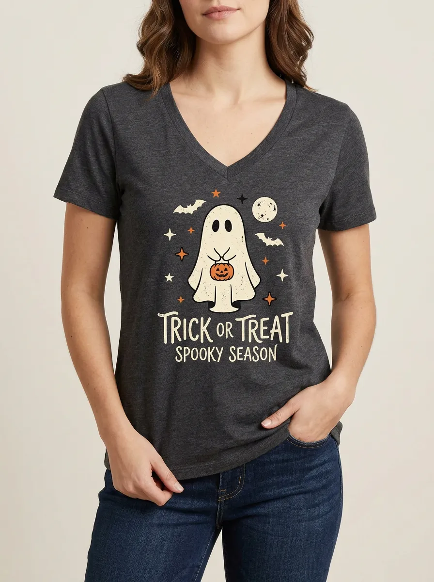 Women's Halloween Ghost Pumpkin Trick Or Treat Printed V-neck T-shirt