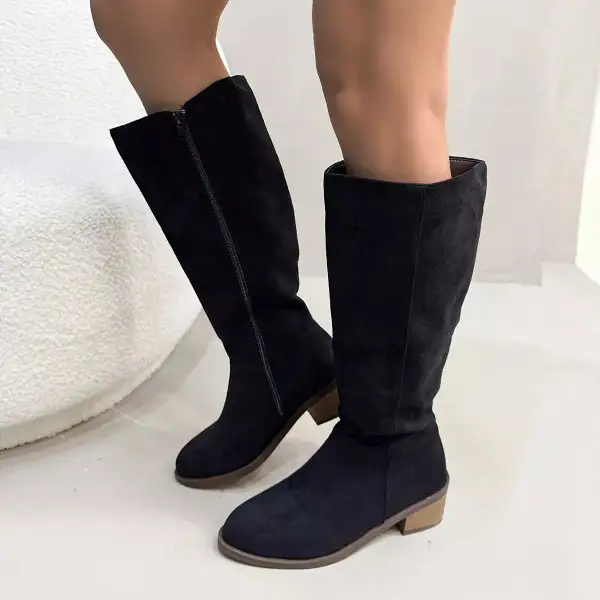 Pleated Round Toe Block Heels Boots