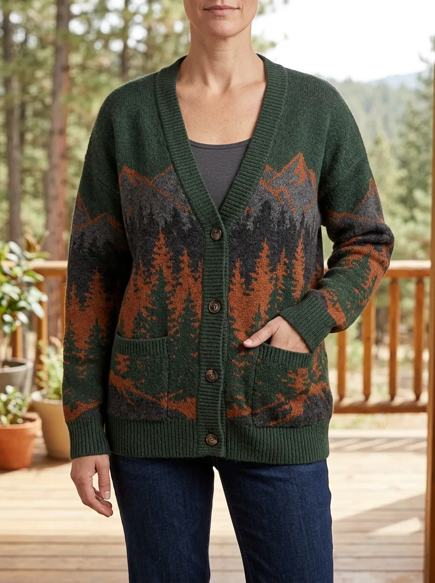 Women's Nature Lover Mountain Forest Printed Ribbed Trim City Casual Cardigan