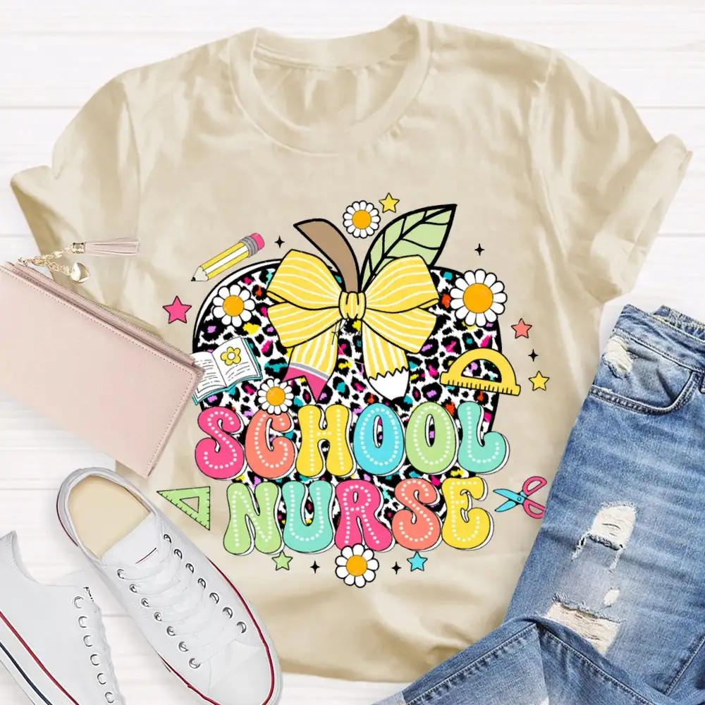 School Nurse Polka Dot Apple And Bow T-Shirt