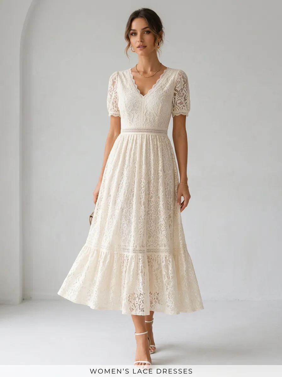 Elegant V-Neck Floral Lace Printed Midi Dress