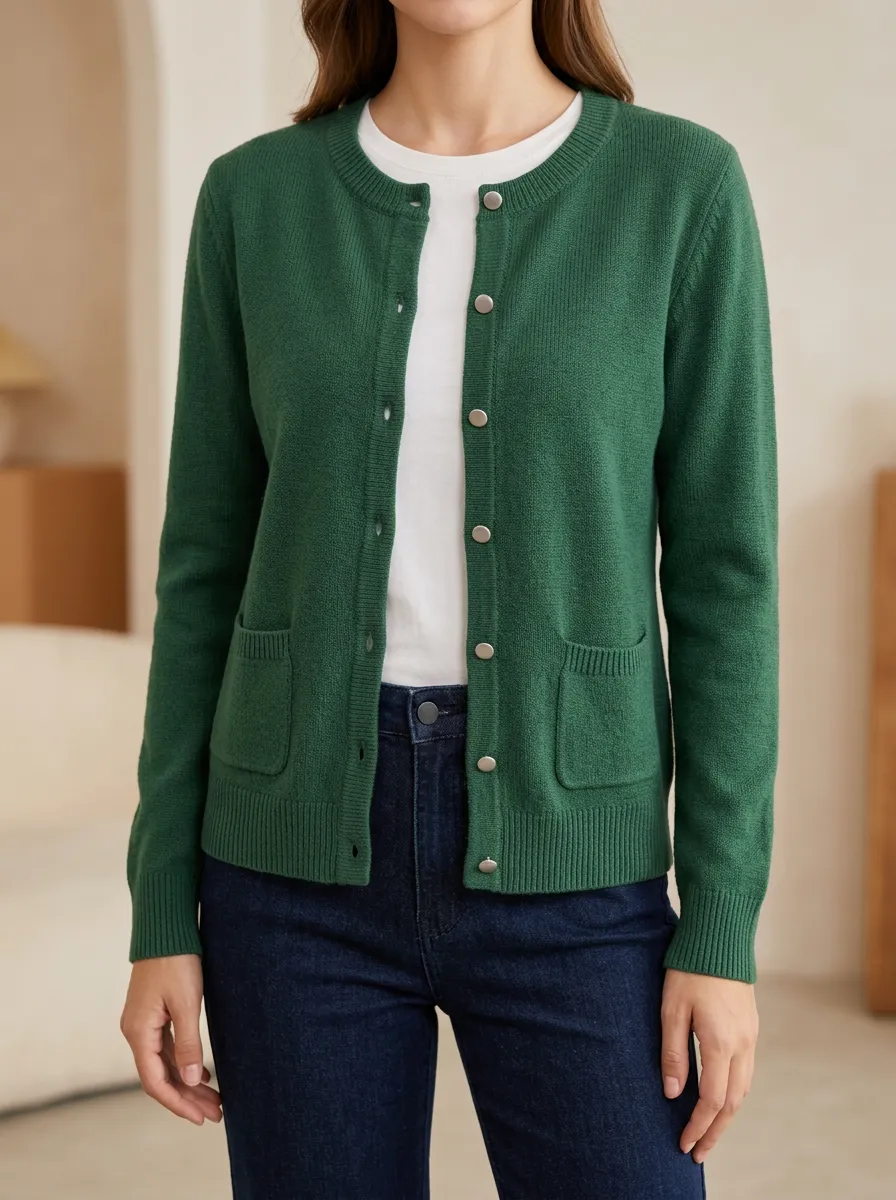 Women's Relaxed Layered Ribbed Knit Button Front Crew Neck Cardigan