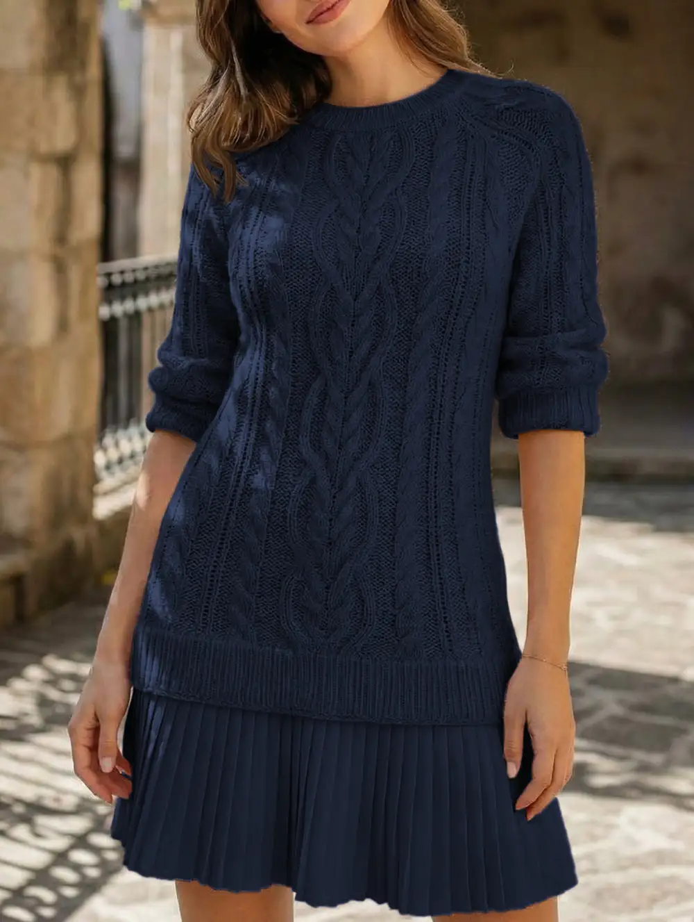 Cable Knit Chiffon Patchwork Mini Dress