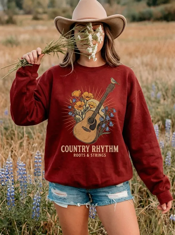 Rustic Country Music Guitar Floral Crew Neck Sweatshirt