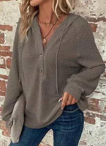 Drawstring Buttoned Pocketed Waffle-Textured Hoodie