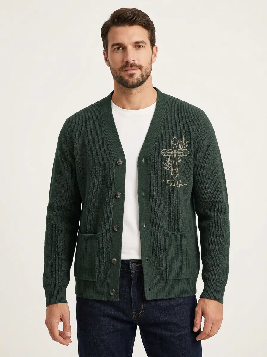 Men's Christian Faith Cross Floral Printed Cardigan