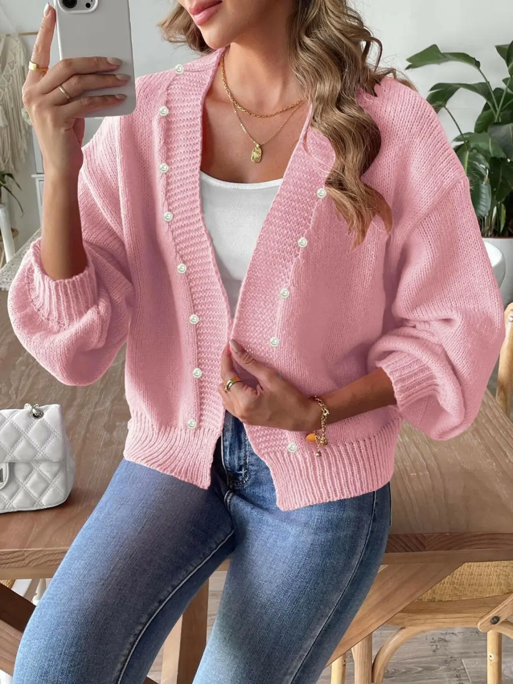 Pearl Detail Open Front Cardigan