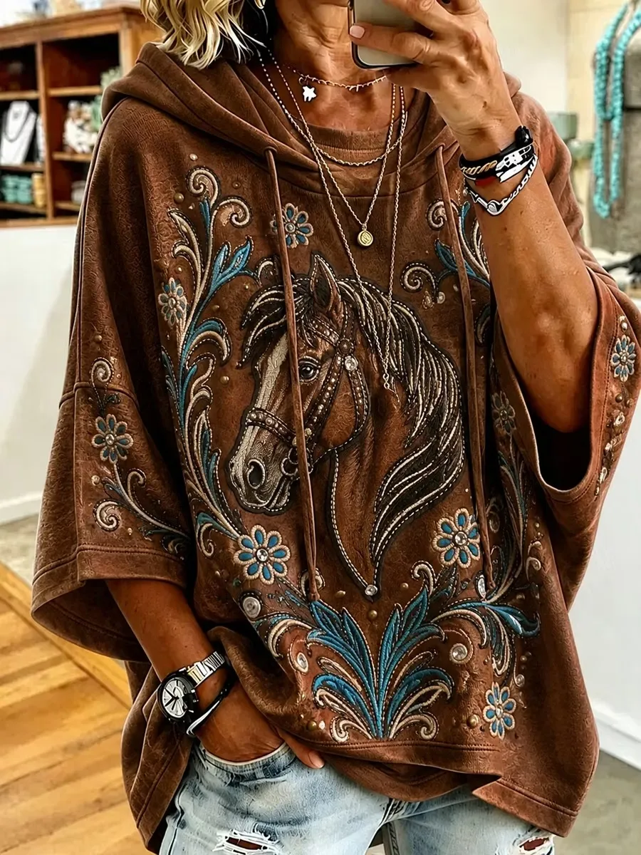 Women’s Retro Western Style Print Hoodie