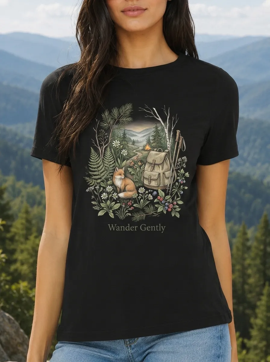Women's Hiking Lover Fox Backpack Forest Printed T-shirt