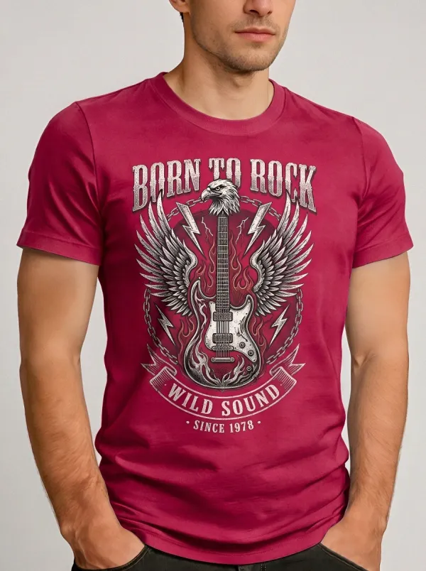 Men's Rock Music Lover Eagle Guitar Flame Printed T-shirt