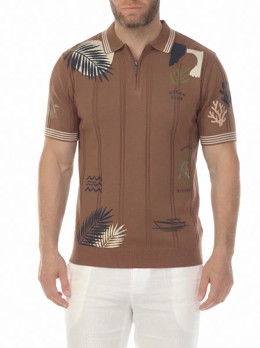 Men's Tropical Ocean Club Palm Leaf Printed Zip Polo Shirt