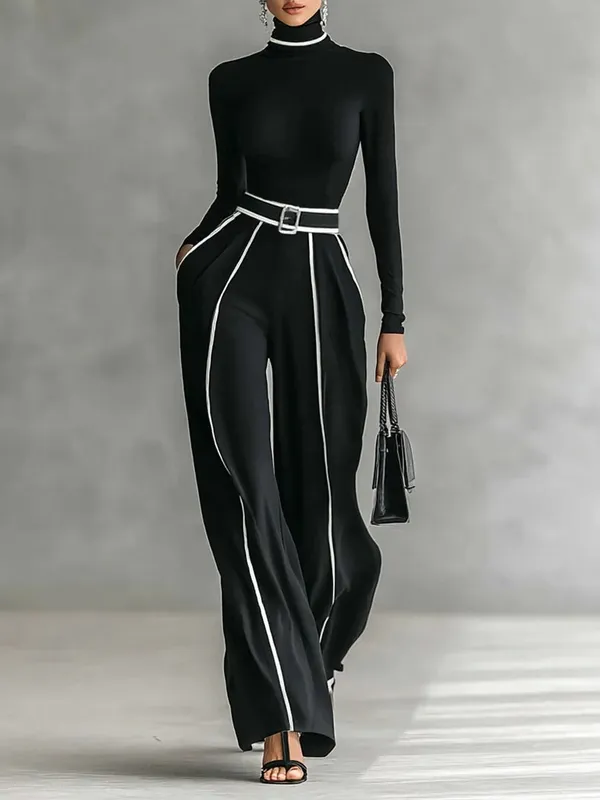 Refined High-High-Neck Top and Wide-Leg Pants Set