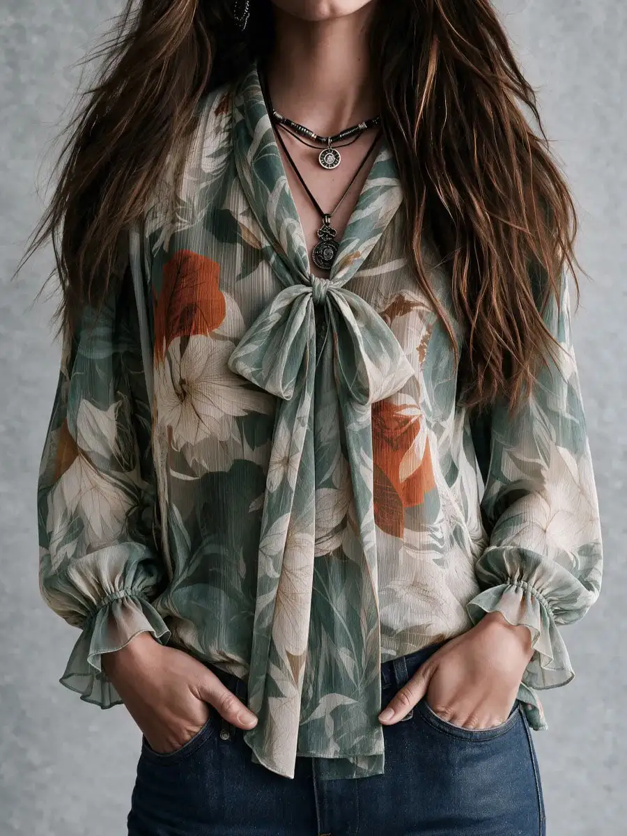 Boho Green Botanical Print V Neck Bow Tie Shirt Flared Cuff Loose Fit Chiffon Blouse