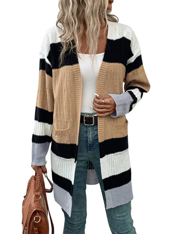 Long-Sleeve Knit Striped Pocketed Cardigan
