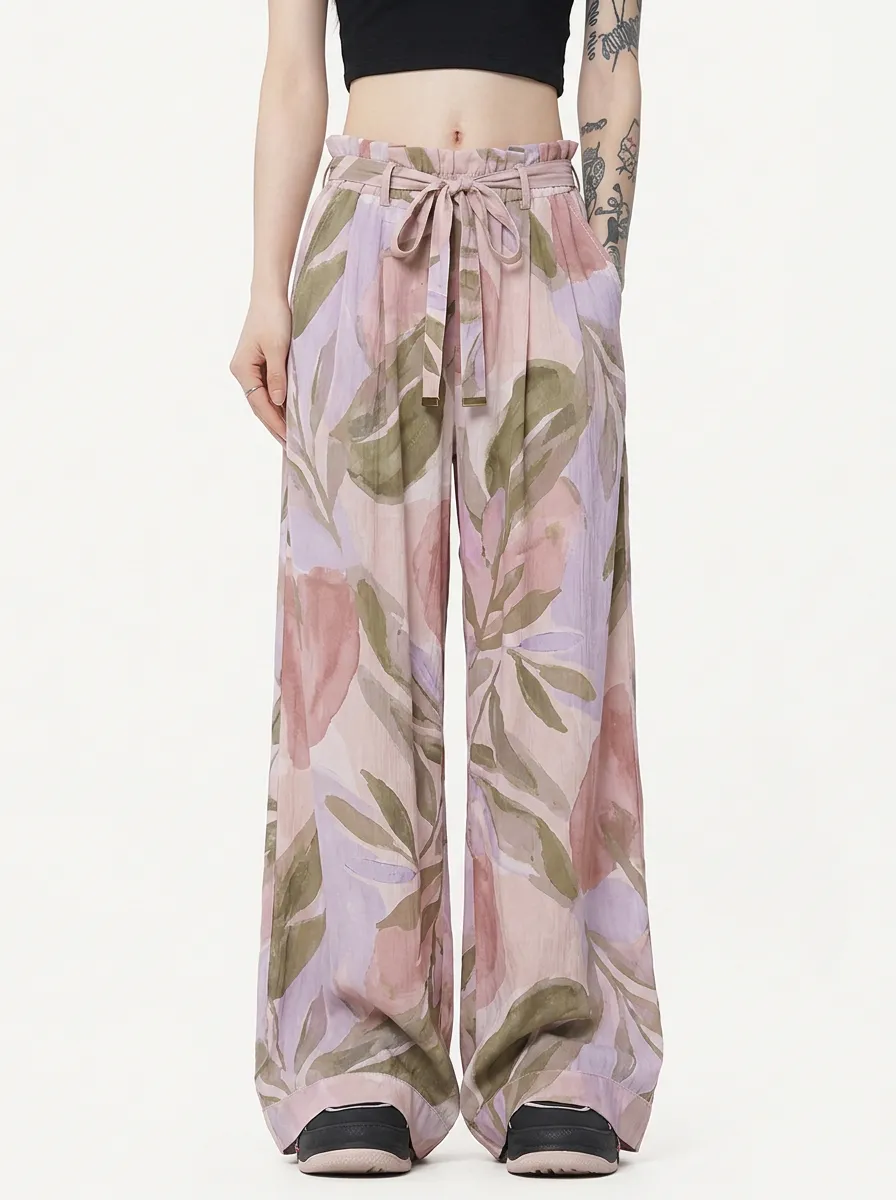 Women's Boho Style Watercolor Floral Printed Wide Leg Pants