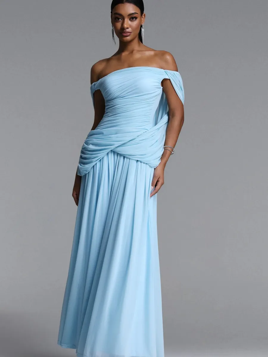Chloe Off-the-Shoulder Ruched Chiffon Maxi Dress In Blue