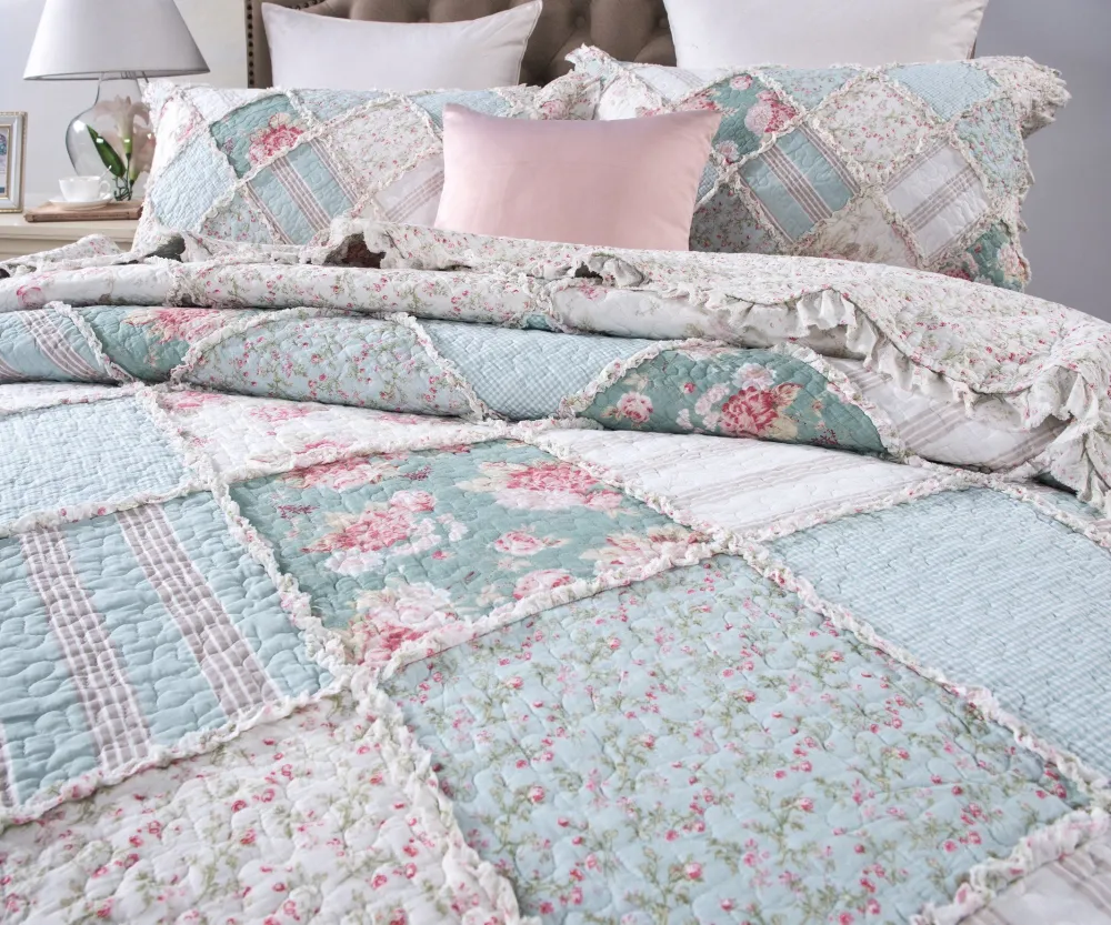 Clean Cotton Floral Patchwork Ruffled Quilt Bedding Set