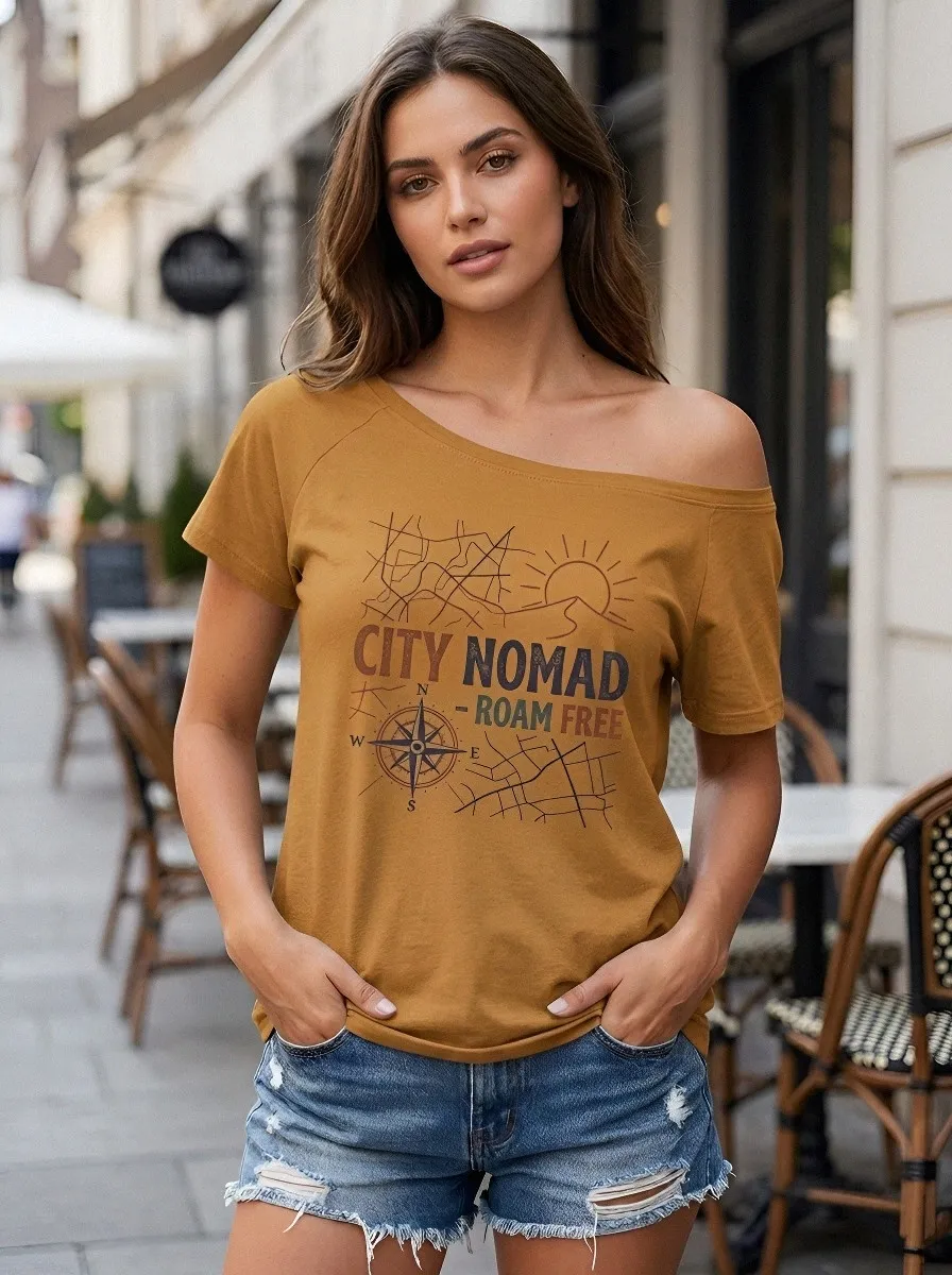 Women's City Nomad Travel Compass Map Printed Off-Shoulder T-shirt