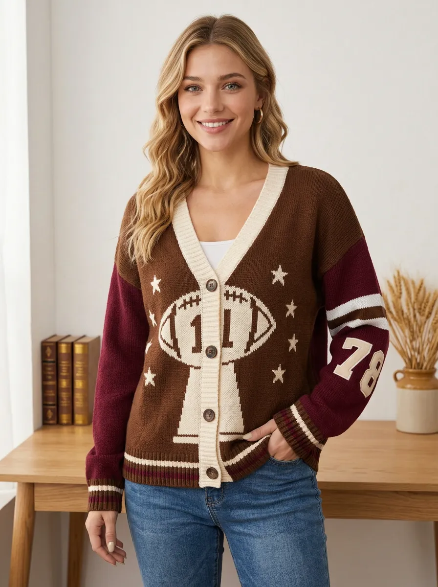 Women's Football Fan C6 Trophy Stars Number 78 Knitted Cardigan