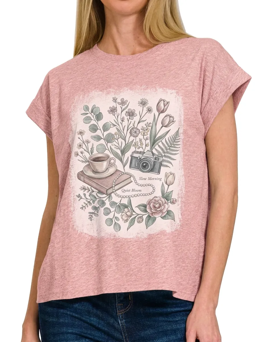 Women's Coffee Book Camera Floral Printed T-shirt